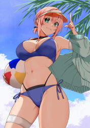  1girl ball beachball bikini black_ribbon blue_bikini blue_sky breasts closed_mouth cloud commentary_request cowboy_shot day earrings fingernails green_eyes green_jacket green_nails hair_between_eyes hair_ribbon hand_up highleg highleg_bikini holding holding_ball holding_beachball index_finger_raised jacket jewelry kaeru_(ka=l) large_breasts layered_bikini light_smile long_fingernails long_sleeves looking_at_viewer low_twintails multicolored_nails nail_polish navel off_shoulder open_clothes open_jacket original outdoors palm_leaf pink_hair red_nails ribbon short_hair_with_long_locks short_twintails side-tie_bikini_bottom sidelocks sky solo standing stomach string_bikini swimsuit thigh_strap twintails visor_cap wide_sleeves 