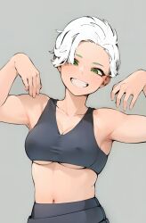  1girl @t100 armpits arms_up green_eyes grey_background highres looking_at_viewer sorriso vestido_preto white_hair  rating:Questionable score:2 user:T100