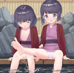  2girls bamboo_fence barefoot black_hair blue_eyes breasts brown_robe closed_eyes feet female_focus fence japanese_clothes kicking kimono leg_up legs loli low_twintails makigai makino_yume makino_yuna multiple_girls nipples onsen open_clothes open_kimono open_mouth original outdoors panties pantyshot purple_kimono robe short_hair siblings sisters sitting small_breasts smile soles spread_legs toes twintails underwear water white_panties yukata  rating:Questionable score:219 user:danbooru