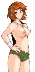  1girl absurdres advance_wars breasts dog_tags female_focus green_headband green_shorts hand_on_own_hip headband highres looking_at_viewer navel nintendo nipples open_fly orange_eyes orange_hair sami_(advance_wars) short_hair short_shorts shorts solo stomach topless tridisart unbuttoned  rating:Questionable score:20 user:Super-32X