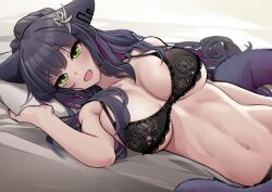 1girl :d animal_ears arknights bare_arms bare_shoulders black_bra black_hair bra breasts cat_ears cleavage commentary green_eyes highres jessica_(arknights) k0ng large_breasts long_hair looking_at_viewer lying navel on_side open_mouth smile solo stomach underwear underwear_only upper_body rating:Sensitive score:52 user:danbooru