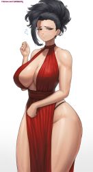 1girl bare_shoulders big_hair black_eyes black_hair blush boku_no_hero_academia breasts cleavage closed_mouth collarbone cowboy_shot dress gradient_background grey_background highres huge_breasts large_breasts looking_at_viewer matching_hair/eyes pelvic_curtain red_dress simple_background smile solo standing superbusty thighs white_background wide_hips yaoyorozu_momo rating:Sensitive score:139 user:DarkToonLink
