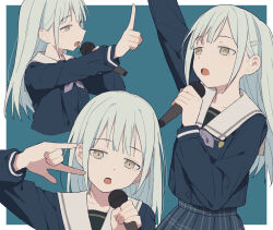  1girl \m/ arm_up bang_dream! bang_dream!_it&#039;s_mygo!!!!! black_skirt blue_background border coldcat. commentary expressionless green_hair grey_neckerchief hair_ornament hairclip highres holding holding_microphone index_finger_raised long_hair long_sleeves microphone multiple_views music neckerchief open_mouth plaid plaid_skirt pleated_skirt sailor_collar school_uniform simple_background singing skirt tsukinomori_school_uniform wakaba_mutsumi white_border white_sailor_collar yellow_eyes 
