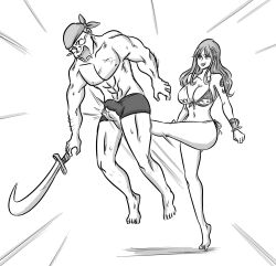  1boy 1girl arm_tattoo ball_busting bare_legs bare_shoulders barefoot bdsm bikini breasts bulge cbt crotch_kick highres large_breasts legs long_hair muscular muscular_male nami_(one_piece) navel ocigart one_piece pirate swimsuit sword tattoo thighs topless underwear weapon  rating:Questionable score:13 user:Reimuu