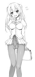  1girl :d arms_behind_back bag blush breasts erection erection_under_clothes full-package_futanari futanari large_breasts long_hair mofuringu monochrome necktie no_panties open_mouth pantyhose penis penis_in_pantyhose school_uniform simple_background skirt smile solo standing testicles third-party_edit twintails uncensored white_background  rating:Explicit score:171 user:raizuri