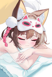  1girl :3 absurdres animal_ear_fluff animal_ears blue_archive blush brown_hair closed_mouth crossed_arms eyeshadow fingernails fox_ears fox_girl fox_tail head_on_pillow highres izuna_(blue_archive) long_fingernails makeup mask mask_on_head no_halo pom_pom_(clothes) prock red_eyeshadow sleep_mask sleeping solo squeans tail white_background 
