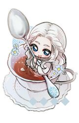  1girl :d blue_eyes blue_flower braid chibi chibi_only commentary_request cup drink final_fantasy final_fantasy_xiv flower from_above full_body half_updo halftone holding holding_spoon hood hood_up hooded_robe in_container in_cup korean_commentary long_hair looking_at_viewer mini_person minigirl muanew11 open_mouth outline partially_submerged robe saucer simple_background single_braid smile solo sophist&#039;s_robe_(ff14) spoon tea teacup transparent_background venat_(ff14) wavy_hair white_hair white_outline white_robe wide_sleeves 