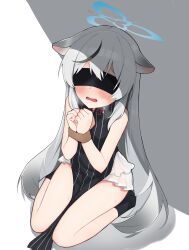  1girl animal_ears bare_arms black_blindfold black_dress black_hair black_socks blindfold blue_archive blush bound bound_wrists china_dress chinese_clothes commentary_request dress dutch_angle frilled_skirt frills from_above gradient_hair grey_hair halo highres kneeling kokona_(blue_archive) long_hair multicolored_hair open_mouth pelvic_curtain pinstripe_pattern skirt sleeveless sleeveless_dress socks solo striped sweat teruisi thighs very_long_hair wavy_mouth white_skirt  rating:Sensitive score:29 user:danbooru
