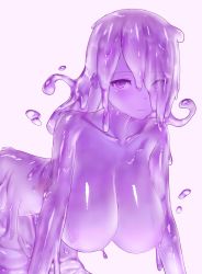 1girl all_fours blush breasts closed_mouth collarbone colored_skin commentary_request eyes_visible_through_hair hair_over_one_eye hanging_breasts hekirake highres large_breasts long_hair looking_at_viewer monster_girl original ovum purple_background purple_eyes purple_hair purple_skin purple_theme simple_background slime_girl solo white_background rating:Questionable score:87 user:danbooru