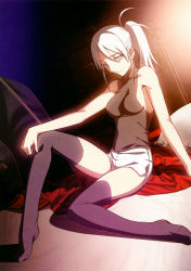 00s 1girl absurdres bare_shoulders bed black_thighhighs breasts expressionless grey_eyes grey_hair highres legs long_legs melty_blood non-web_source official_art ponytail riesbyfe_stridberg shorts sideboob sitting solo takeuchi_takashi tank_top thighhighs thighs tsukihime type-moon  rating:Sensitive score:59 user:danbooru