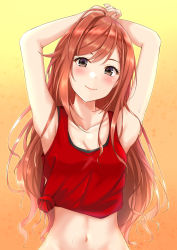 1girl arisugawa_natsuha armpits arms_behind_head arms_up blush breasts brown_eyes cleavage closed_mouth collarbone commentary_request gradient_background highres idolmaster idolmaster_shiny_colors long_hair medium_breasts navel orange_background red_hair shirt smile solo sweat swept_bangs tank_top tied_shirt upper_body yuzuyu_(hyui) rating:Sensitive score:17 user:danbooru