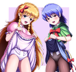  2girls black_pantyhose blonde_hair blue_dress blue_eyes blue_hair blush bow bow_panties braid breasts capelet carrie_fernandez castlevania_(series) clothes_lift crotch_seam dress dress_lift flashing green_capelet hair_bow highres hondaranya lifted_by_self loli long_hair looking_at_viewer maria_renard multiple_girls open_mouth panties panties_under_pantyhose pantyhose pink_dress red_eyes ribbon short_hair short_sleeves smile super_castlevania_iv thighs twin_braids underwear white_panties 