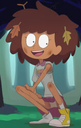  1girl :d amphibia anne_boonchuy armpit_crease brown_hair dark-skinned_female dark_skin dirty dirty_clothes dirty_face dirty_sock disney full_body haruyama_kazunori leaves_on_hair long_hair looking_at_viewer no_eyebrows off-topic official_style one_shoe one_shoe_off one_shoe_removed open_mouth outdoors panties pantyshot shoes skirt smile sneakers socks solo squatting toon_(style) tree underwear upskirt white_panties white_socks 