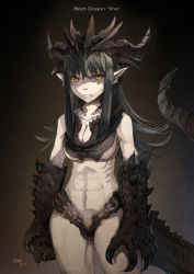  1girl abs black_hair breasts claws cleavage dragon_girl fang horns long_hair monster_girl original pointy_ears solo tail yellow_eyes zhen_lu  rating:Sensitive score:34 user:danbooru