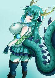  1girl absurdres animal_ears bare_shoulders blue_dragon_(kemono_friends) blue_eyes blue_hair blush breasts ciapolilla collared_shirt dragon_ears dragon_girl dragon_horns dragon_tail extra_ears fingerless_gloves fishnet_gloves fishnets gloves hair_between_eyes highres horns huge_breasts kemono_friends kemono_friends_3 long_hair looking_at_viewer necktie shirt skirt sleeveless solo tail thighhighs yellow_horns 