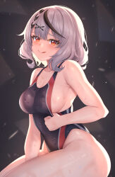  1girl :q absurdres aoi_zerii armpit_crease black_one-piece_swimsuit blush breasts clothes_pull competition_swimsuit grey_hair hair_ornament highleg highleg_swimsuit highres hololive large_breasts licking_lips light_particles looking_at_viewer medium_hair multicolored_hair one-piece_swimsuit one-piece_swimsuit_pull raised_eyebrows red_eyes sakamata_chloe sitting solo streaked_hair swimsuit thighs tongue tongue_out virtual_youtuber wet x_hair_ornament 