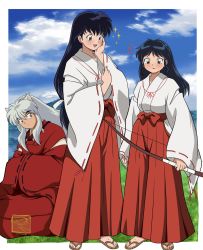  1boy 2girls animal_ears black_hair bow_(weapon) brown_eyes chandllucky dog_ears family father_and_daughter han&#039;you_no_yashahime hand_on_own_face highres higurashi_kagome holding holding_bow_(weapon) holding_weapon husband_and_wife inuyasha inuyasha_(character) japanese_clothes kimono long_hair long_sleeves matching_outfits moroha_(inuyasha) mother_and_daughter multiple_girls sandals sidelocks silver_hair very_long_hair weapon wide_sleeves yellow_eyes  rating:Sensitive score:42 user:danbooru