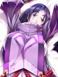  1girl arms_up breasts eyebrows fate/grand_order fate_(series) hagure_neko highres japanese_clothes large_breasts lying minamoto_no_raikou_(fate) on_back purple_eyes purple_hair solo  rating:Sensitive score:40 user:danbooru