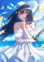 1girl azur_lane bare_shoulders beach black_hair blue_sky blush breasts casual cloud day dress hair_between_eyes hair_ornament hat highres holding holding_sword holding_weapon horns katana ken_ill large_breasts long_hair looking_at_viewer oni_horns open_mouth outdoors ribbon see-through sky smile solo strap_slip sun_hat sundress suzuya_(azur_lane) sword weapon white_dress wind yellow_eyes rating:Questionable score:17 user:danbooru