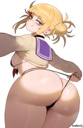  1girl ai-assisted artist_name ass ass_focus bags_under_eyes black_bra blonde_hair blunt_bangs boku_no_hero_academia bra breasts breasts_out cardigan choker clothes_lift curvy double_bun fang from_behind hair_bun highres honkibooty huge_ass long_sleeves looking_at_viewer looking_back medium_breasts messy_hair no_pants panties panty_pull school_uniform serafuku shirt_lift sideboob sidelocks smile solo sweater thick_thighs thighs thong toga_himiko underwear white_background yellow_eyes  rating:Questionable score:15 user:JustHere4Butts
