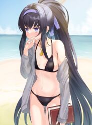  1girl aomi_one averting_eyes beach bikini black_bikini black_hair blue_archive blue_sky blush book breasts cardigan commentary_request covered_mouth cowboy_shot day grey_cardigan hairband highres holding holding_book jewelry long_hair navel ocean official_alternate_costume open_cardigan open_clothes outdoors pendant purple_eyes purple_hairband single_bare_shoulder sky small_breasts solo swimsuit ui_(blue_archive) ui_(swimsuit)_(blue_archive) very_long_hair 