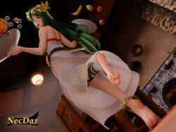  1girl bare_shoulders barefoot bowl dress feet food fruit green_eyes green_hair kid_icarus long_hair looking_back necdaz91 nintendo open_mouth palutena skirt soles solo standing standing_on_one_leg toenails toes 