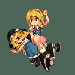  2girls alice_margatroid animated animated_gif ass blonde_hair bloomers clothes_pull kirisame_marisa lowres multiple_girls pixel_art red_ass skirt skirt_pull spanked spanking touhou underwear  rating:Questionable score:49 user:radishstew