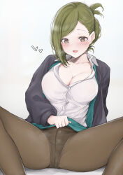  1girl black_cardigan black_panties blush breasts brown_pantyhose cardigan cleavage clothes_lift collarbone foifoi_(marfoyfoyfoy) folded_ponytail green_eyes green_hair green_jacket green_skirt heart highres idolmaster idolmaster_shiny_colors jacket large_breasts lifted_by_self long_hair long_sleeves looking_at_viewer miniskirt nanakusa_hazuki office_lady open_cardigan open_clothes open_mouth panties pantyhose shirt simple_background sitting skirt skirt_lift smile solo spread_legs swept_bangs underwear white_background white_shirt wide_spread_legs 
