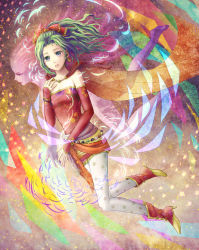  1990s_(style) 1girl bad_id bad_pixiv_id barefoot blue_eyes cape colored_skin detached_sleeves dress dual_persona earrings feet female_focus final_fantasy final_fantasy_vi full_body green_eyes green_hair inomarii jewelry long_hair matching_hair/eyes pantyhose pink_hair pink_skin ponytail ribbon shoes solo tina_branford trance_terra_branford 
