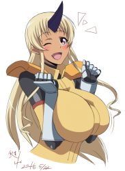 10s 1girl 2016 ;d bad_id bad_pixiv_id blonde_hair blush breasts breasts_squeezed_together dark-skinned_female dark_skin dated fang gauntlets highres horns huge_breasts kagiyama_(clave) long_hair monster_girl monster_musume_no_iru_nichijou ogre one_eye_closed open_mouth pointy_ears red_eyes signature simple_background single_horn smile solo tionishia uniform upper_body very_long_hair white_background rating:Sensitive score:47 user:danbooru