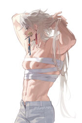 1boy abs arms_behind_head bandaged_chest biting blade_(honkai:_star_rail) collarbone commentary cowboy_shot earrings expressionless from_side highres honkai:_star_rail honkai_(series) jewelry long_hair looking_down male_focus navel nipples open_pants pants pectorals rayinhsr simple_background solo sunlight symbol-only_commentary toned toned_male topless_male twitter_username tying_hair white_background white_hair yingxing_(honkai:_star_rail) 