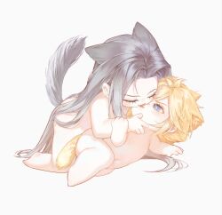 2boys absurdly_long_hair all_fours animal_ears blonde_hair blue_eyes cat_boy cat_ears cat_tail closed_eyes cloud_strife completely_nude cuntouxiaoyeju final_fantasy final_fantasy_vii full_body grey_background grey_hair hand_on_another&#039;s_arm hand_on_another&#039;s_chin highres kemonomimi_mode kiss long_bangs long_hair looking_back lying male_focus multiple_boys navel nude on_side parted_bangs sephiroth short_hair shota simple_background tail toddlercon tongue tongue_out very_long_hair yaoi