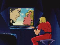  1980s_(style) 1boy animated animated_gif belt black_belt blonde_hair bodysuit bored cobra_(space_adventure_cobra) from_behind indoors lowres oldschool red_bodysuit retro_artstyle sitting sitting_backwards space_adventure_cobra sugino_akio television watching_television 