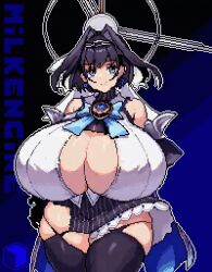  1girl adapted_costume animated animated_gif blue_background blue_eyes blue_hair bouncing_breasts bow bow_earrings breasts chain chain_headband cleavage cube curvy dress earrings eyebrows_hidden_by_hair eyelashes gigantic_breasts gradient_background hair_intakes halo hand_on_own_hip hololive hololive_english jewelry juliet_sleeves kyosuke_fujiwara long_sleeves looking_at_viewer mechanical_halo neck_ribbon ouro_kronii pixel_art puffy_sleeves ribbon short_hair smile standing thick_thighs thighhighs thighs veil virtual_youtuber wide_hips 