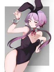  1girl absurdres animal_ears arm_up armpits bare_legs breasts commentary detached_collar fake_animal_ears hand_on_own_chest highres leotard looking_at_viewer low_twintails medium_breasts playboy_bunny purple_eyes purple_hair short_hair twintails vocaloid voiceroid wrist_cuffs yakata_tata yuzuki_yukari 