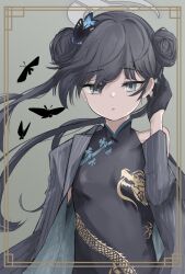  1girl 4jiri black_dress black_gloves black_hair blue_archive breasts butterfly_hair_ornament china_dress chinese_clothes closed_mouth coat double_bun dragon_print dress gloves grey_coat grey_eyes grey_halo hair_bun hair_ornament halo highres kisaki_(blue_archive) long_hair long_sleeves open_clothes open_coat sleeveless sleeveless_dress small_breasts solo striped_clothes striped_coat twintails upper_body vertical-striped_clothes vertical-striped_coat 