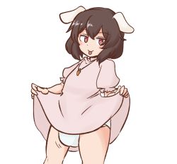  1girl black_hair carrot_necklace clothes_lift collar diaper dress dress_lift frilled_collar frilled_sleeves frills inaba_tewi looking_at_viewer mizusoba necklace pink_dress puffy_short_sleeves puffy_sleeves rabbit_ears rabbit_girl red_eyes short_hair short_sleeves solo tongue tongue_out touhou  rating:Sensitive score:29 user:radishstew