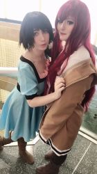 2girls boots cosplay highres koyomatsu makise_kurisu makise_kurisu_(cosplay) multiple_girls photo_(medium) red_hair shiina_mayuri shiina_mayuri_(cosplay) steins;gate usatame 