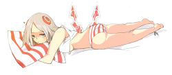  1girl alternate_costume bad_id bad_pixiv_id bare_shoulders barefoot brown_eyes full_body hair_ornament heart irelia league_of_legends long_hair looking_at_viewer lying minma on_stomach panties pillow simple_background solo striped_clothes striped_panties underwear white_background white_hair  rating:Sensitive score:38 user:danbooru