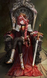  1boy aaeru alcohol amulet arm_guards armor astolfo_(fate) black_bow black_thighhighs boots bow braid cape closed_mouth commentary_request cornet_(instrument) cross crossed_legs crown cup cupping_glass drinking_glass expressionless fate/grand_order fate_(series) fauls full_body gradient_background hair_between_eyes hair_bow hair_intakes high_heel_boots high_heels highres holding holding_cup knee_boots long_hair male_focus multicolored_hair pink_hair purple_eyes sheath sheathed simple_background single_braid sitting solo streaked_hair sword thighhighs throne trap very_long_hair weapon white_cape white_footwear white_hair wine wine_glass  rating:General score:30 user:danbooru