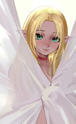  1girl absurdres backlighting blonde_hair blush choker closed_mouth covering_breasts covering_privates curtain_grab curtains dungeon_meshi elf green_eyes highres long_hair looking_at_viewer marcille_donato nude_cover parted_bangs pawsup pointy_ears see-through_silhouette smile solo transparent 