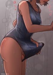  1futa absurdres bare_arms black_one-piece_swimsuit breasts bulge commentary_request covered_penis dark-skinned_female dark_skin erection erection_under_clothes from_side futanari futanari_masturbation head_out_of_frame highres large_penis masturbation medium_breasts one-piece_swimsuit open_mouth original penis precum precum_through_clothes shiwa_kou shower_(place) shower_head solo swimsuit testicles trembling 