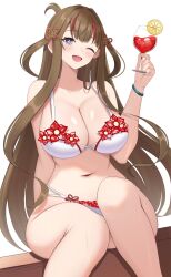  +_+ 1girl bikini blue_eyes blush breasts brown_hair chinese_knot cup floral_print flower-shaped_pupils food fruit hair_ornament hair_rings hairpin highres holding holding_cup large_breasts lemon lemon_slice long_hair looking_at_viewer multicolored_hair multiple_hairpins navel one_eye_closed open_mouth pink_pupils red_hair senran_kagura sitting smile streaked_hair surippa1010 swimsuit symbol-shaped_pupils toki_(senran_kagura) white_background white_bikini wristband 