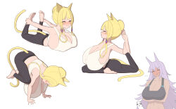  2girls animal_ears blonde_hair breast_rest breasts breasts_on_lap cat_ears cat_girl cat_tail cleavage exercising female_focus hanging_breasts highres huge_breasts kaedeno_yuu lying motion_lines multiple_girls oppai_loli original purple_hair stretching tail white_background 