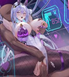  absurdres animal_ears aqua_pupils azur_lane bald benz_(rita29) censored clitoral_stimulation clothed_sex clothing_aside dark-skinned_male dark_skin faceless faceless_male fake_animal_ears fingering fingering_from_behind fishnet_pantyhose fishnets grabbing grabbing_another&#039;s_breast grabbing_from_behind hetero highres kearsarge_(all_night_charge)_(azur_lane) kearsarge_(azur_lane) leotard leotard_aside long_hair looking_at_another mosaic_censoring multicolored_leotard open_mouth pantyhose playboy_bunny ponytail purple_leotard pussy sex strapless strapless_leotard taut_leotard torn_clothes torn_pantyhose two-tone_leotard undersized_breast_cup vaginal white_leotard 