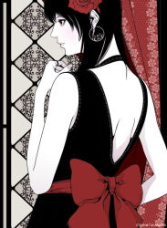  1girl bare_back black_dress black_eyes black_hair blush bow closed_mouth dress earrings flower from_behind hair_flower hair_ornament hat jewelry limited_palette long_hair original red_bow red_hat solo takanashi_shin waist_bow 