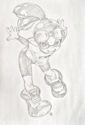 1boy 2019 bike_shorts dated full_body goggles highres inkling_player_character looking_at_viewer male_focus monochrome nintendo pencil ponytail simple_background sketch smile solo splatoon_(series) tanuma_yuuichirou traditional_media