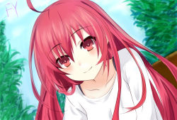 1girl aged_up ahoge collarbone date_a_live day hair_between_eyes itsuka_kotori long_hair looking_at_viewer outdoors red_eyes red_hair shirt solo upper_body white_shirt rating:Sensitive score:7 user:danbooru