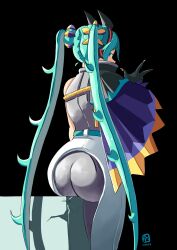  1girl ass automatic_giraffe black_background blue_eyes blue_hair creatures_(company) dragon_miku_(project_voltage) fake_horns game_freak hair_ornament hatsune_miku highres horns long_hair looking_at_viewer nintendo pokemon project_voltage spiked_hair vocaloid  rating:Sensitive score:28 user:danbooru