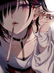  1boy absurdres androgynous bandages barbell_piercing black_choker black_hair choker colored_inner_hair earrings food food_in_mouth hair_over_one_eye highres ikezaki_misa indie_virtual_youtuber jewelry lips long_sleeves looking_at_viewer male_focus multicolored_hair nail_polish neck_piercing piercing pocky pocky_in_mouth red_eyes red_hair ring shinoshima_raise solo sweater two-tone_hair 